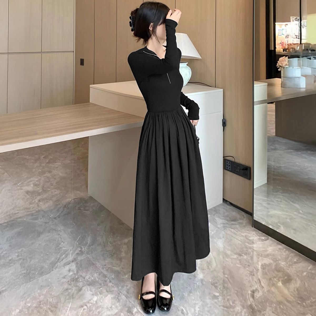フォーマルカジュアル 通勤用ハーフジップ長袖ワンピース黒