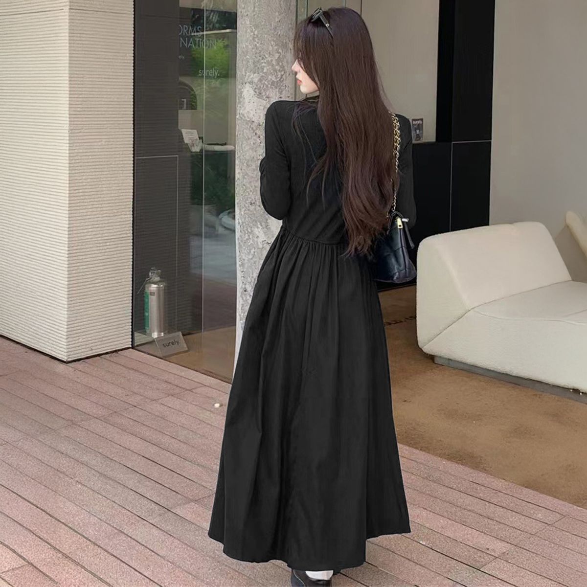 フォーマルカジュアル 通勤用ハーフジップ長袖ワンピース黒