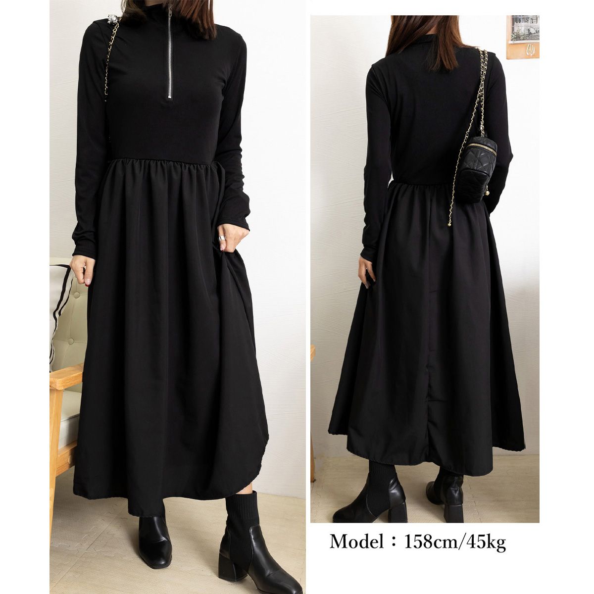 フォーマルカジュアル 通勤用ハーフジップ長袖ワンピース黒