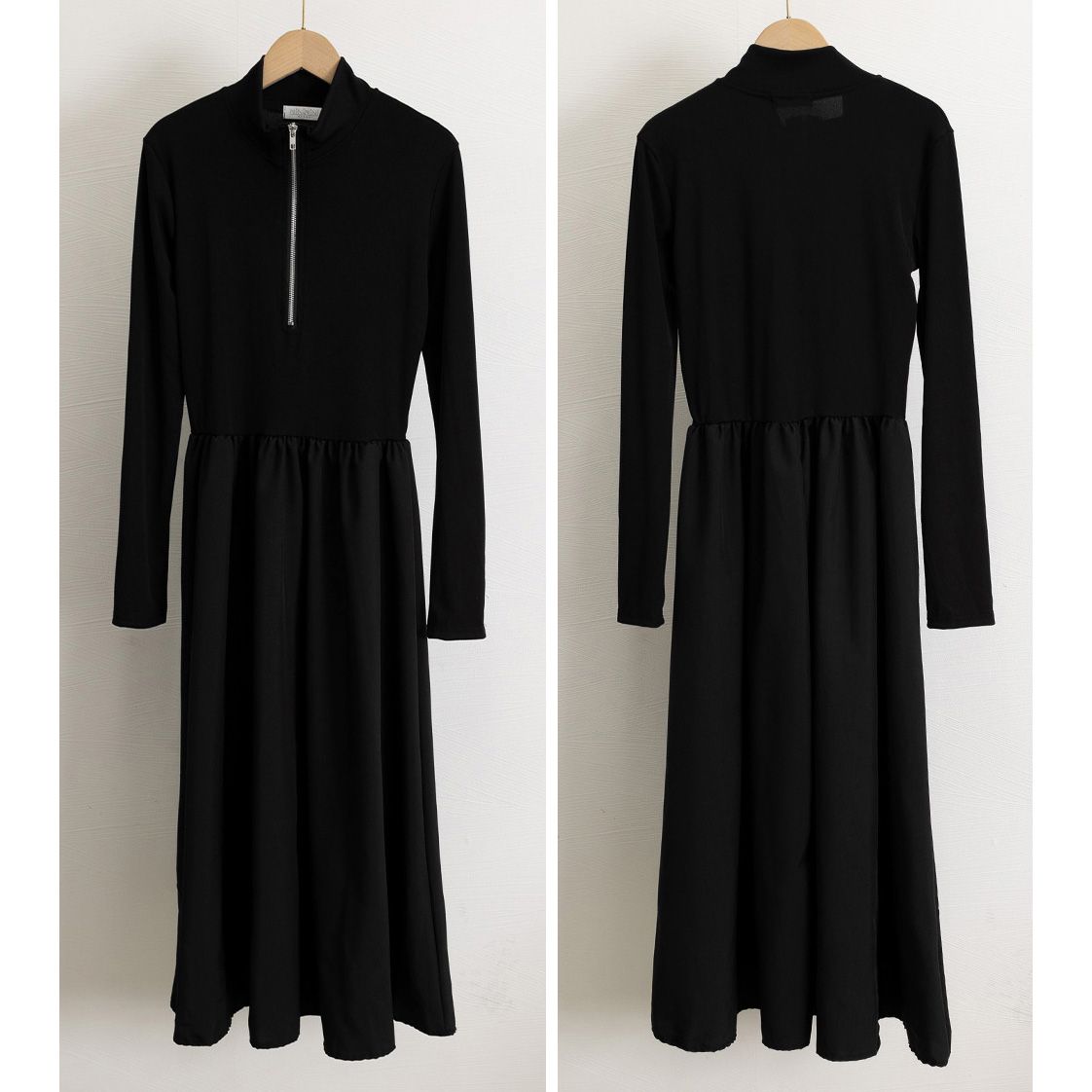 フォーマルカジュアル 通勤用ハーフジップ長袖ワンピース黒