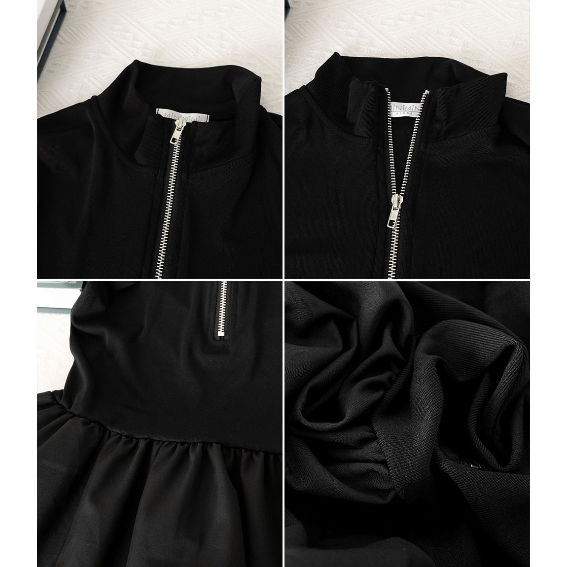 フォーマルカジュアル 通勤用ハーフジップ長袖ワンピース黒