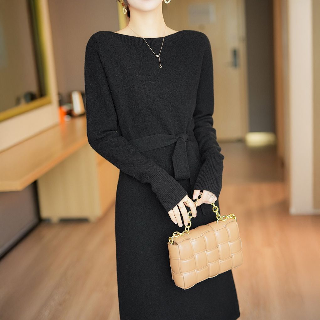 フォーマルカジュアル 通勤用ニットワンピース ベルト付き長袖ミモレ丈きれいめ