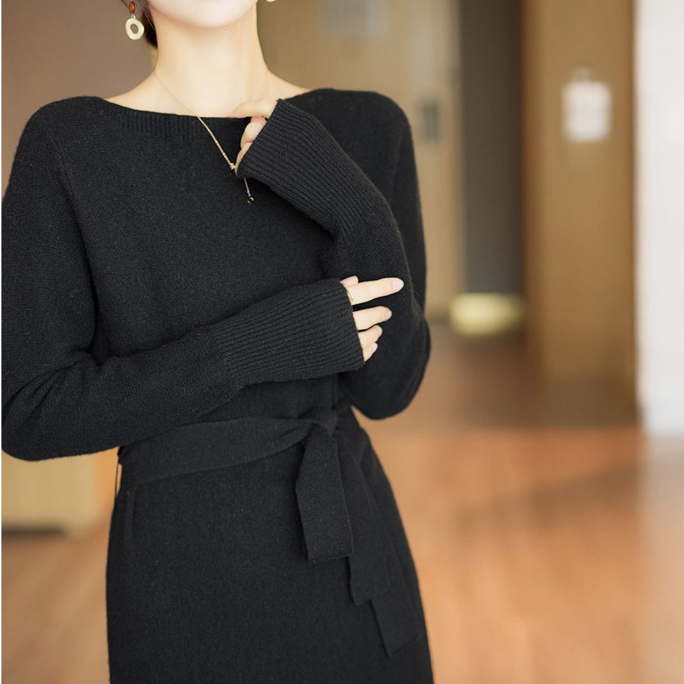 フォーマルカジュアル 通勤用ニットワンピース ベルト付き長袖ミモレ丈きれいめ