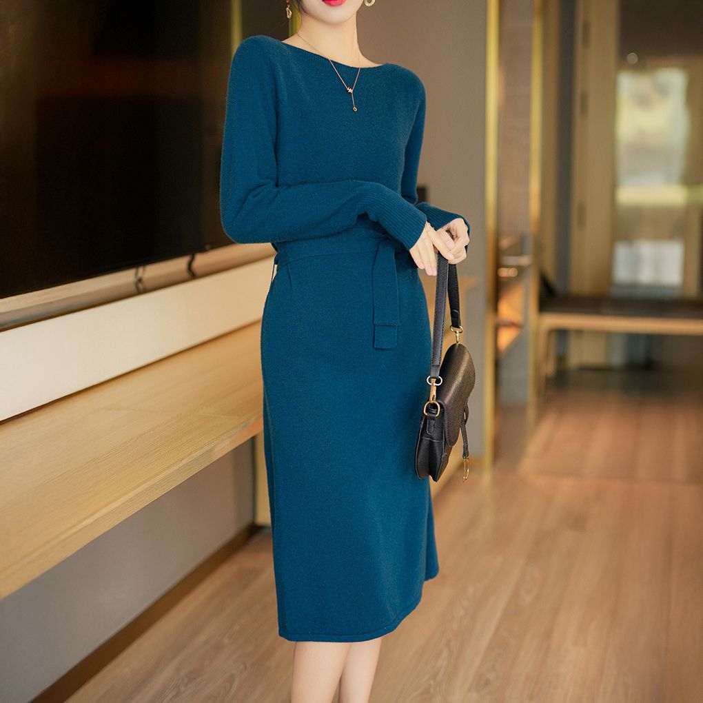 フォーマルカジュアル 通勤用ニットワンピース ベルト付き長袖ミモレ丈きれいめ
