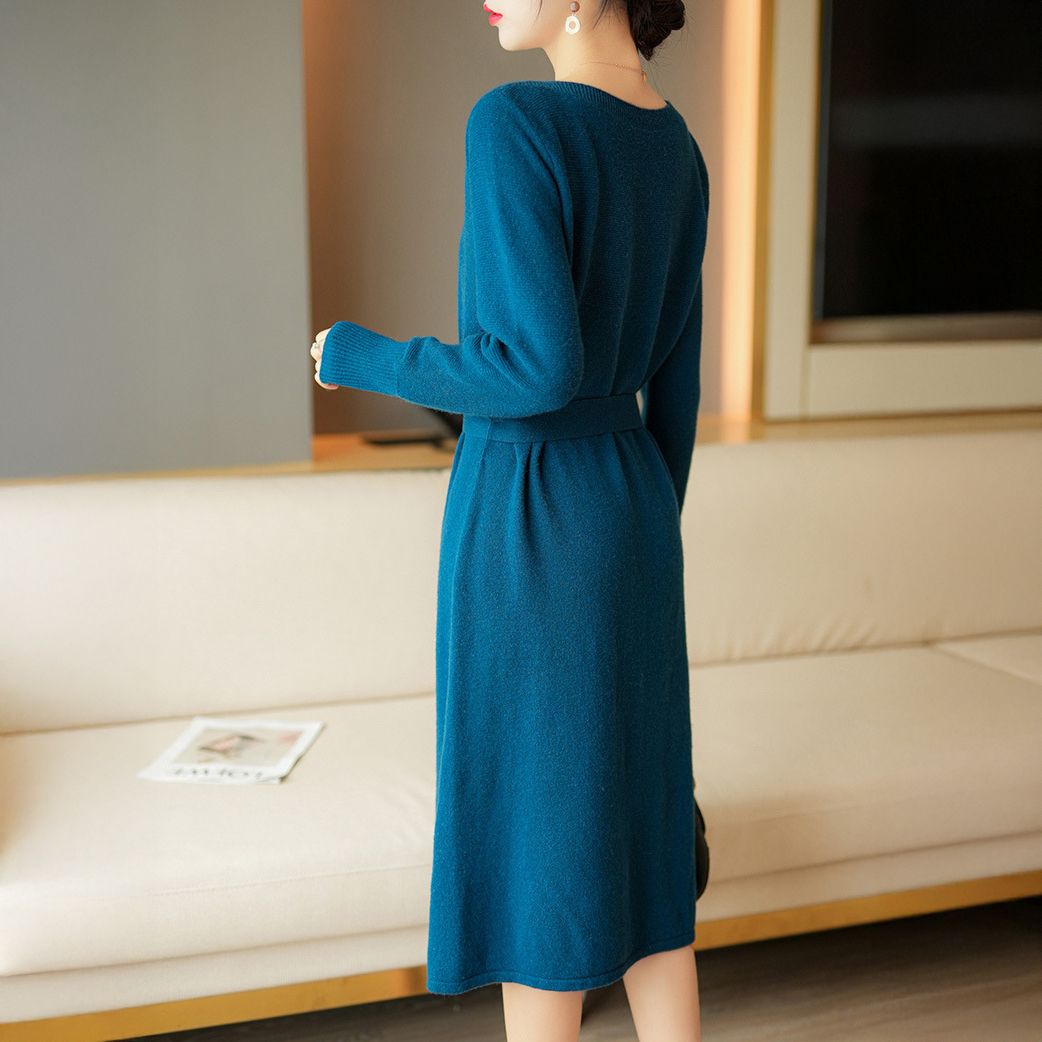 フォーマルカジュアル 通勤用ニットワンピース ベルト付き長袖ミモレ丈きれいめ