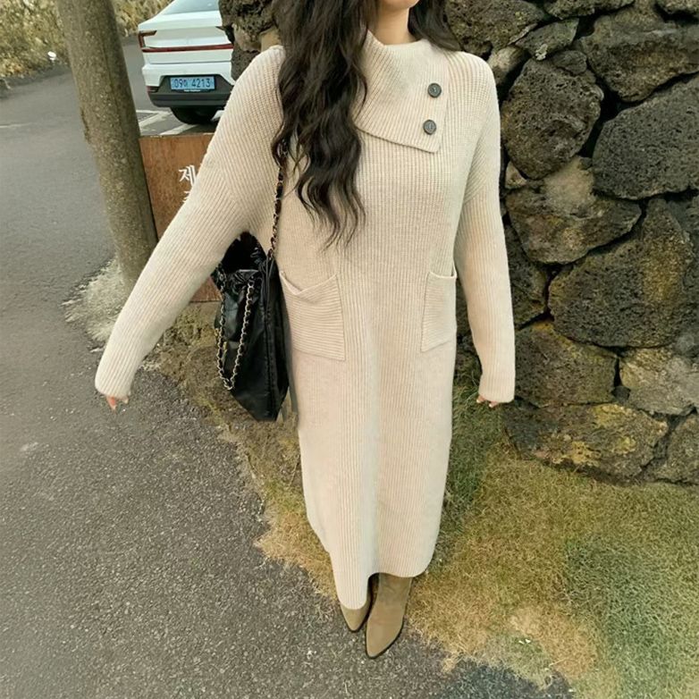 フォーマルカジュアル 通勤用リブニットワンピース長袖ロング丈きれいめベージュ