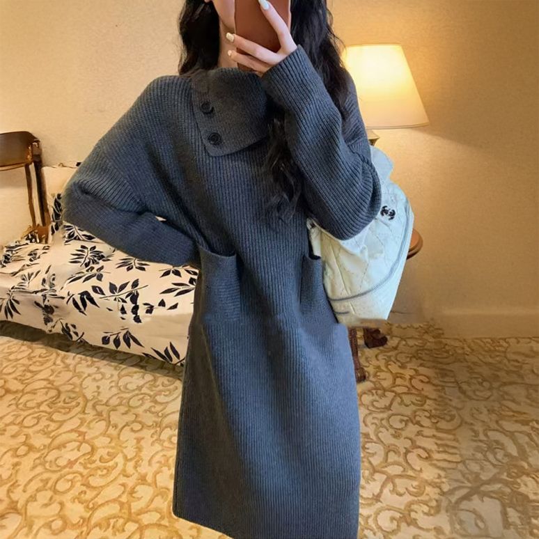 フォーマルカジュアル 通勤用リブニットワンピース長袖ロング丈きれいめベージュ