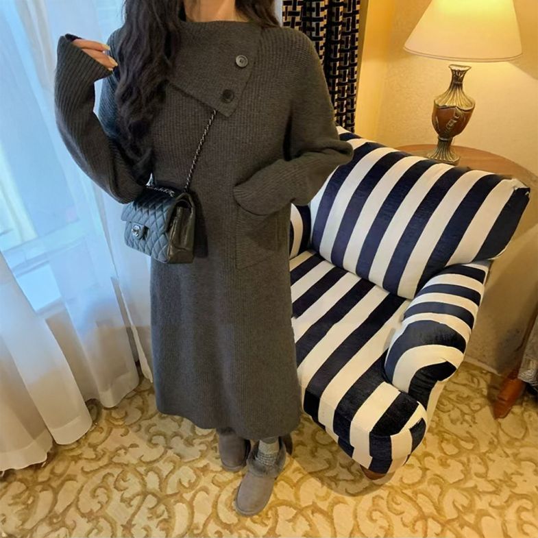 フォーマルカジュアル 通勤用リブニットワンピース長袖ロング丈きれいめベージュ