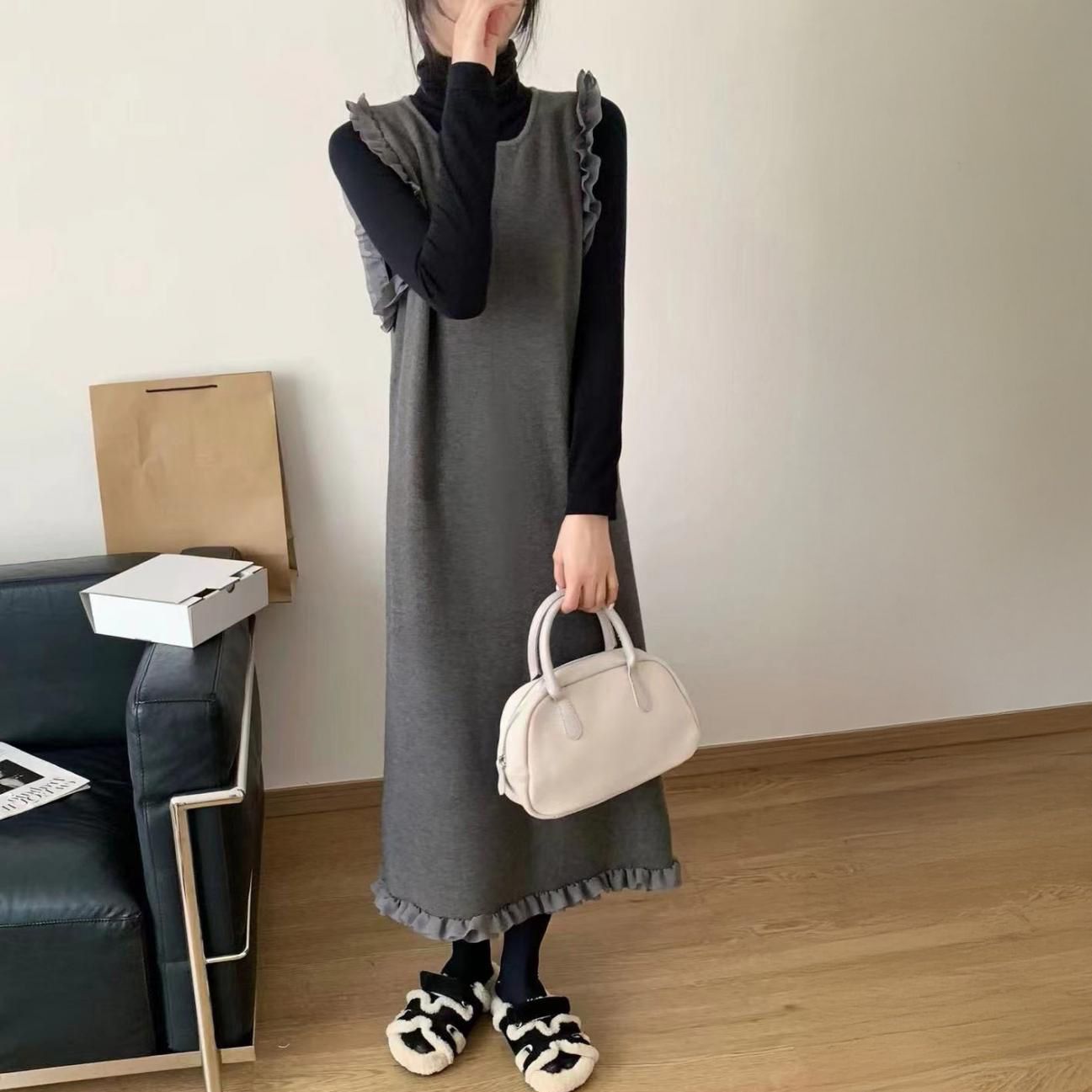 フォーマルカジュアル 参観日にぴったり フリル付きジャンパースカート 重ね着ワンピース