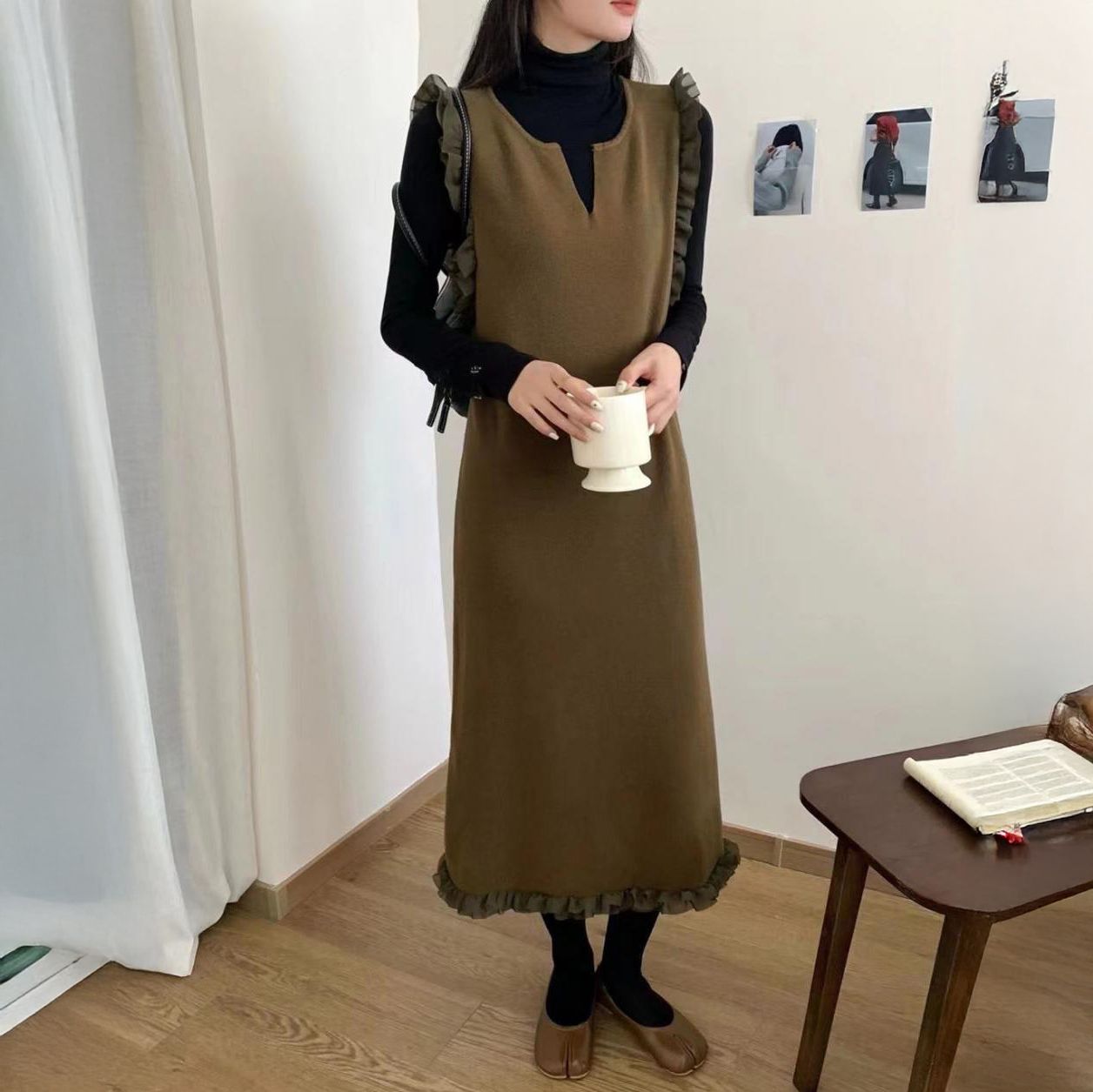 フォーマルカジュアル 参観日にぴったり フリル付きジャンパースカート 重ね着ワンピース