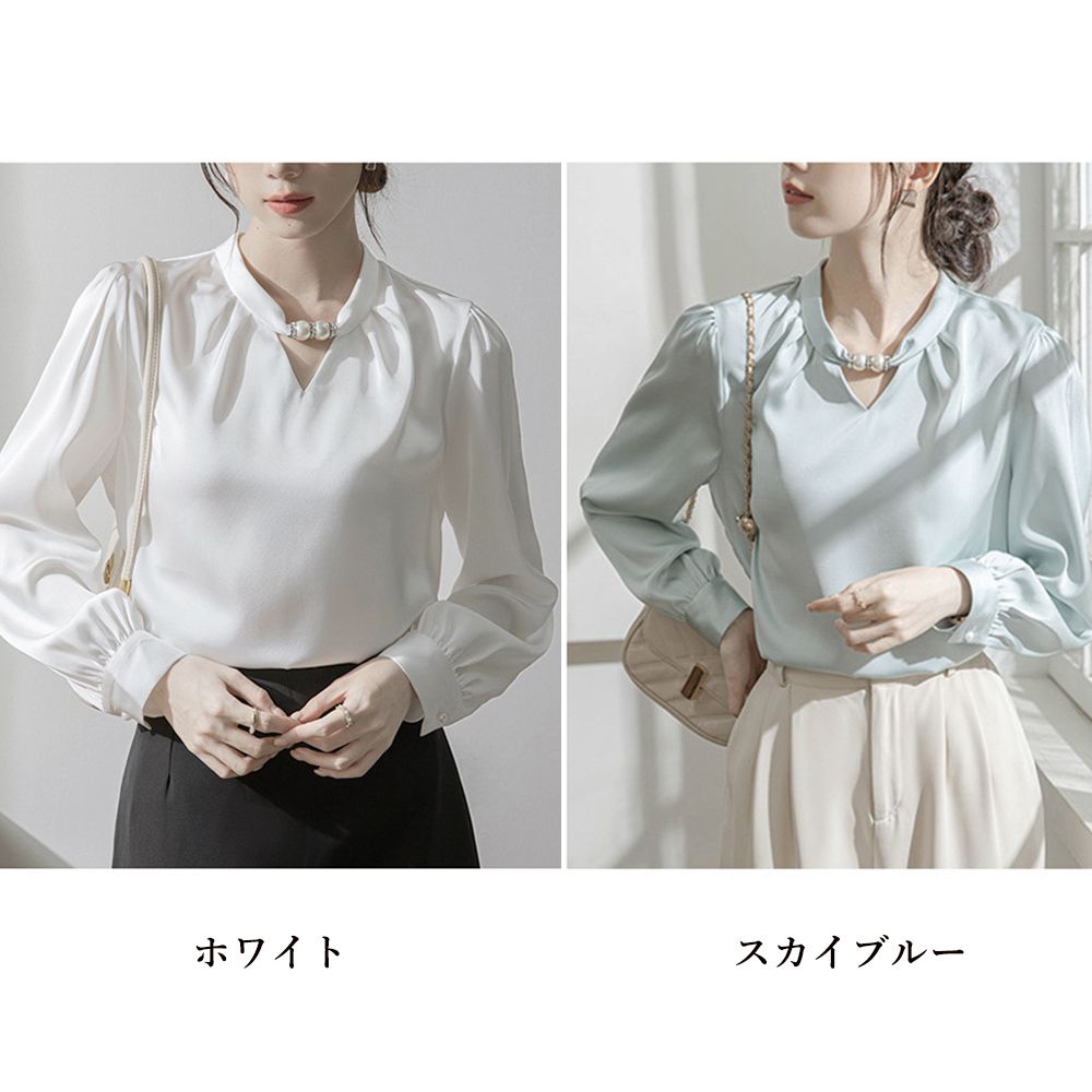 フォーマルカジュアル 卒業式にも使える立ち襟パール付きブラウス