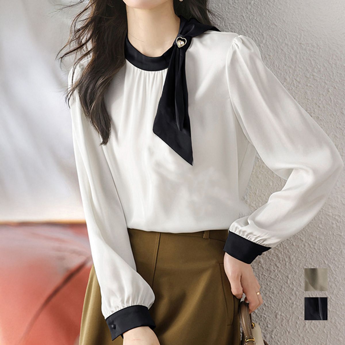 フォーマルカジュアル 卒業式対応 蝶結びサテン風配色襟袖付きブラウス