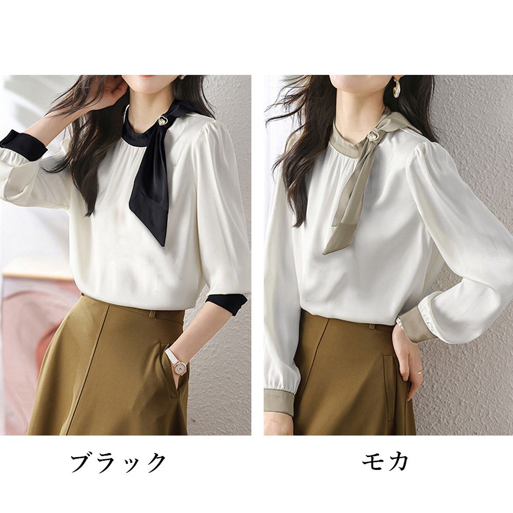 フォーマルカジュアル 卒業式対応 蝶結びサテン風配色襟袖付きブラウス