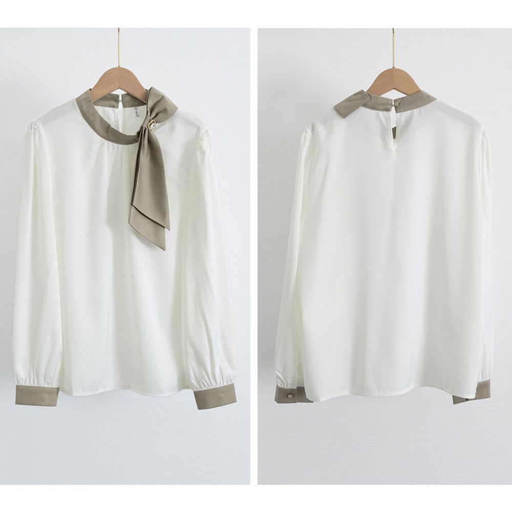 フォーマルカジュアル 卒業式対応 蝶結びサテン風配色襟袖付きブラウス