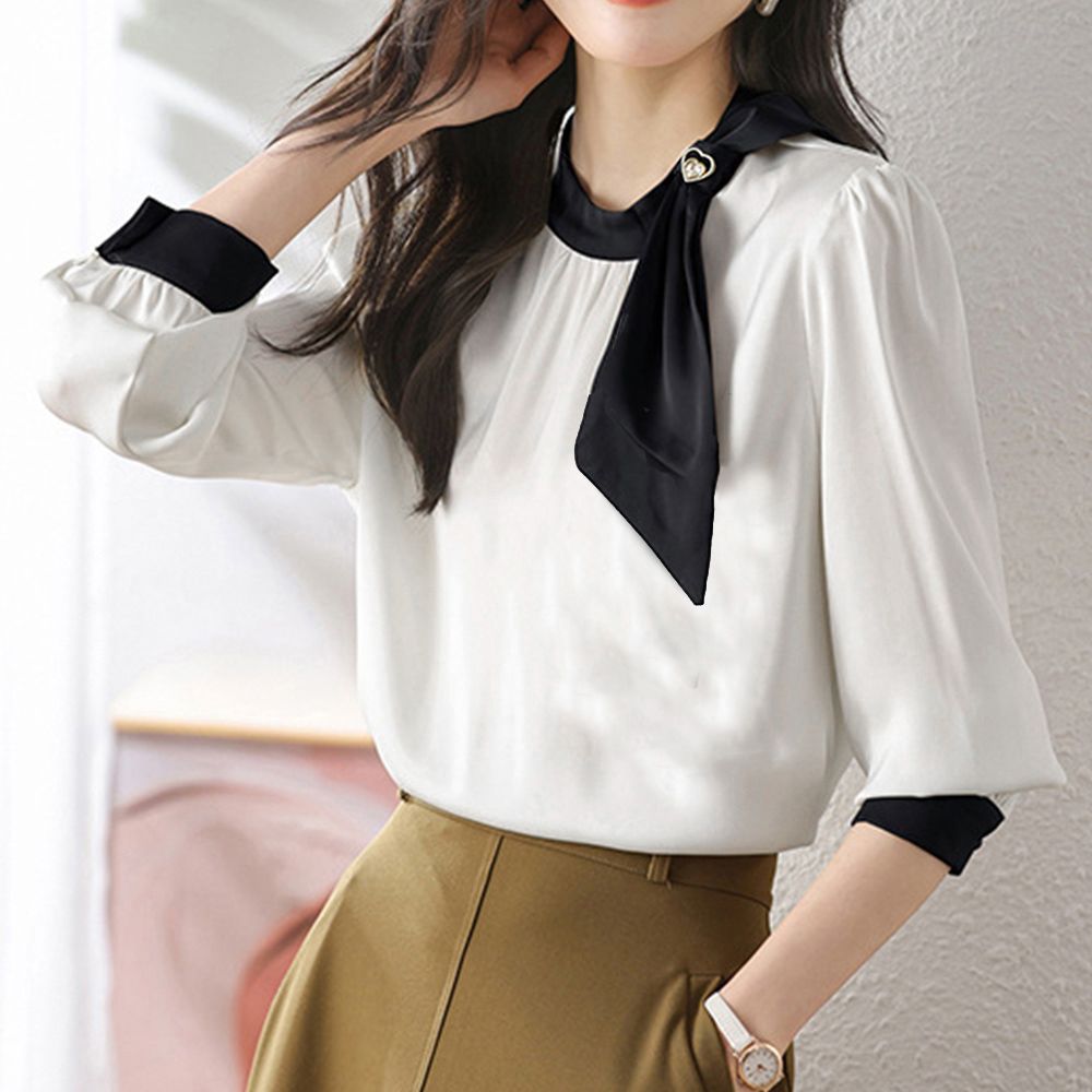 フォーマルカジュアル 卒業式対応 蝶結びサテン風配色襟袖付きブラウス