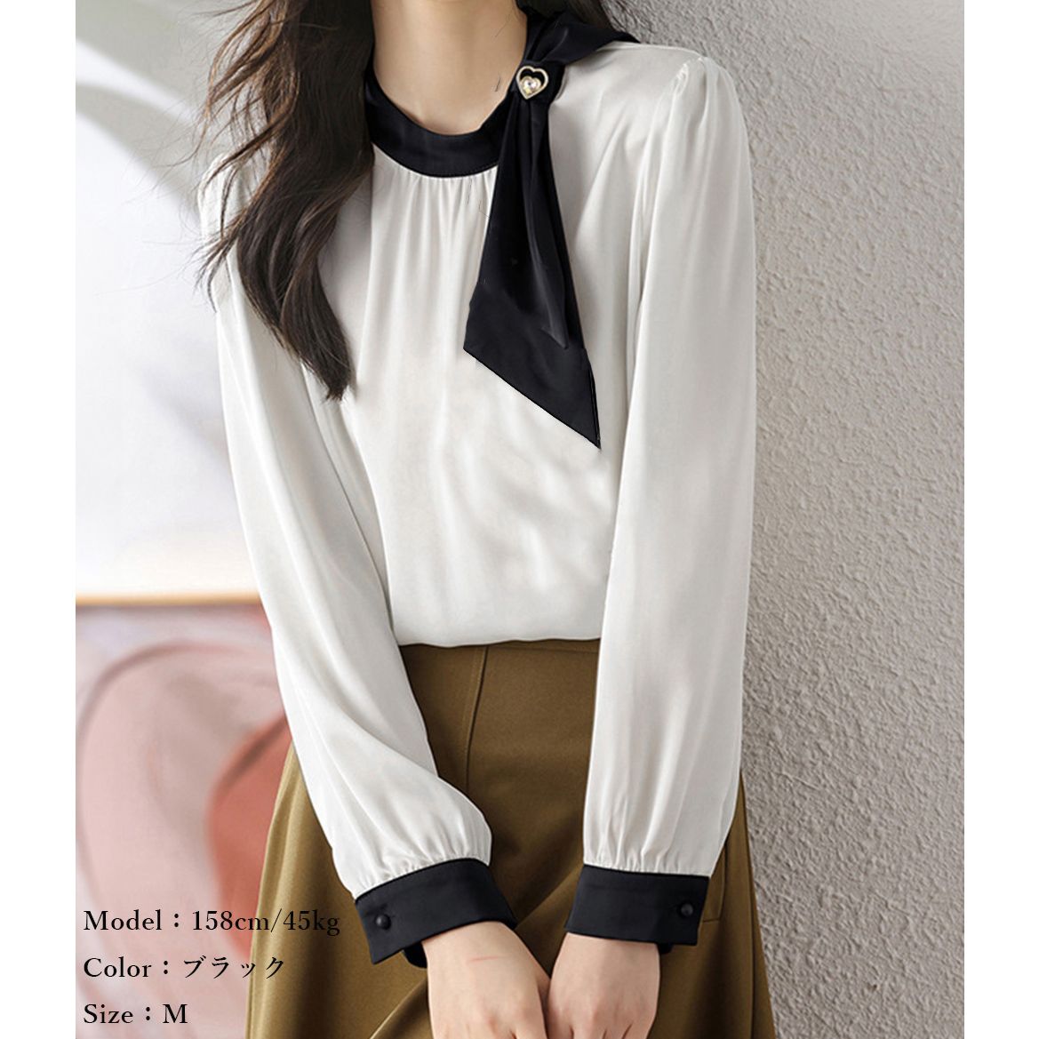 フォーマルカジュアル 卒業式対応 蝶結びサテン風配色襟袖付きブラウス