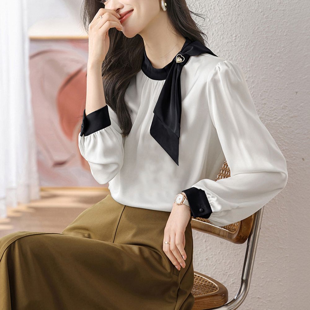 フォーマルカジュアル 卒業式対応 蝶結びサテン風配色襟袖付きブラウス