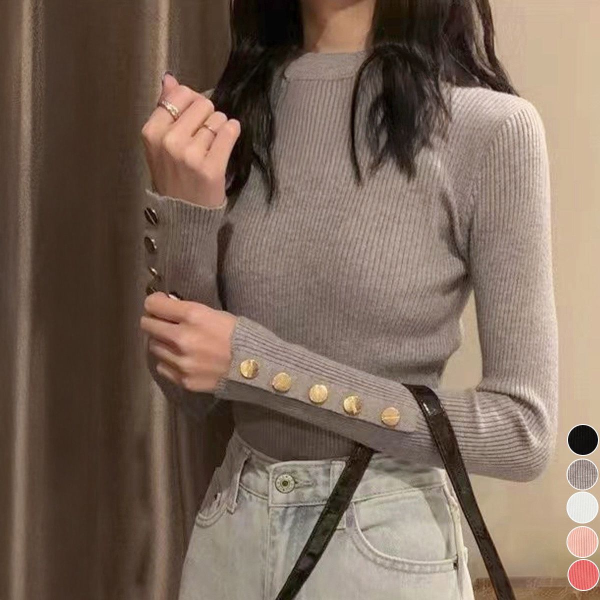 フォーマルカジュアル 通勤用金ボタンリブニットトップス長袖レディース