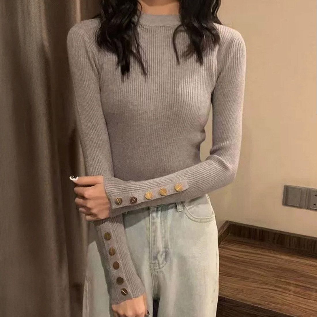 フォーマルカジュアル 通勤用金ボタンリブニットトップス長袖レディース