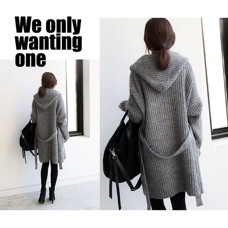 フォーマルカジュアル 通勤用秋冬ニットカーディガン フード付きロング丈ゆったりセーター