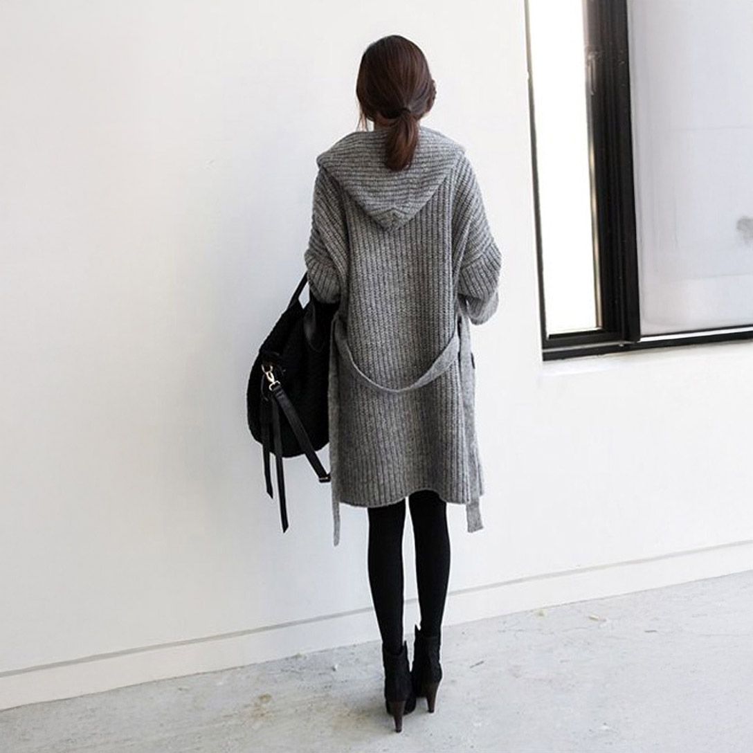 フォーマルカジュアル 通勤用秋冬ニットカーディガン フード付きロング丈ゆったりセーター