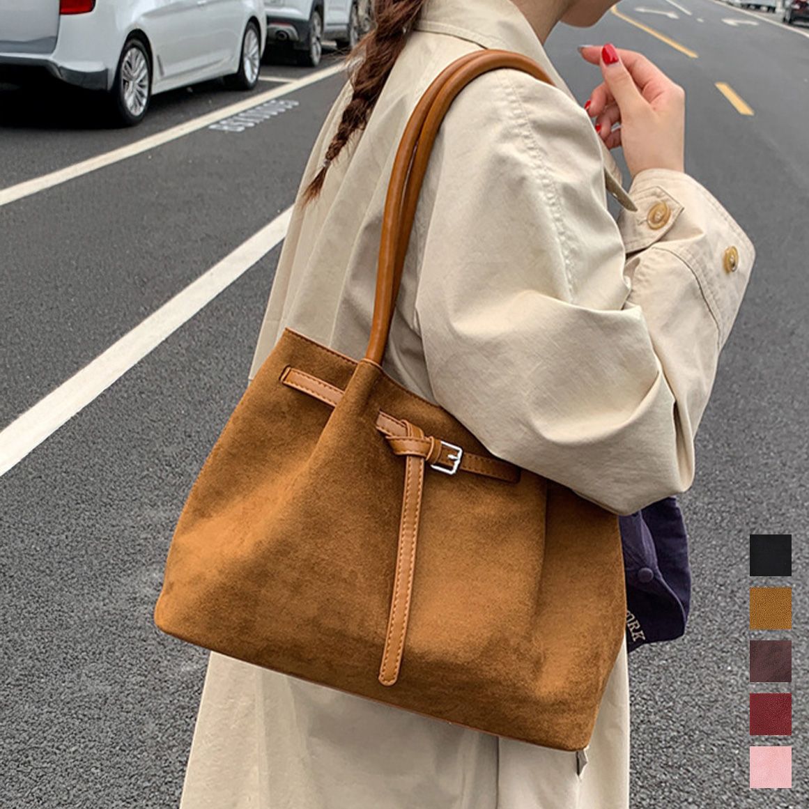 フォーマルカジュアル 通勤用スエード調トートバッグ ベルト付き上品鞄