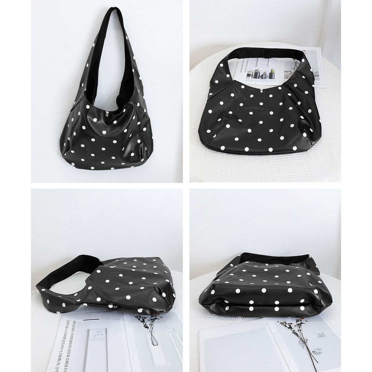 フォーマルカジュアル 参観日に最適 水玉柄ホーボーバッグ 肩掛け鞄