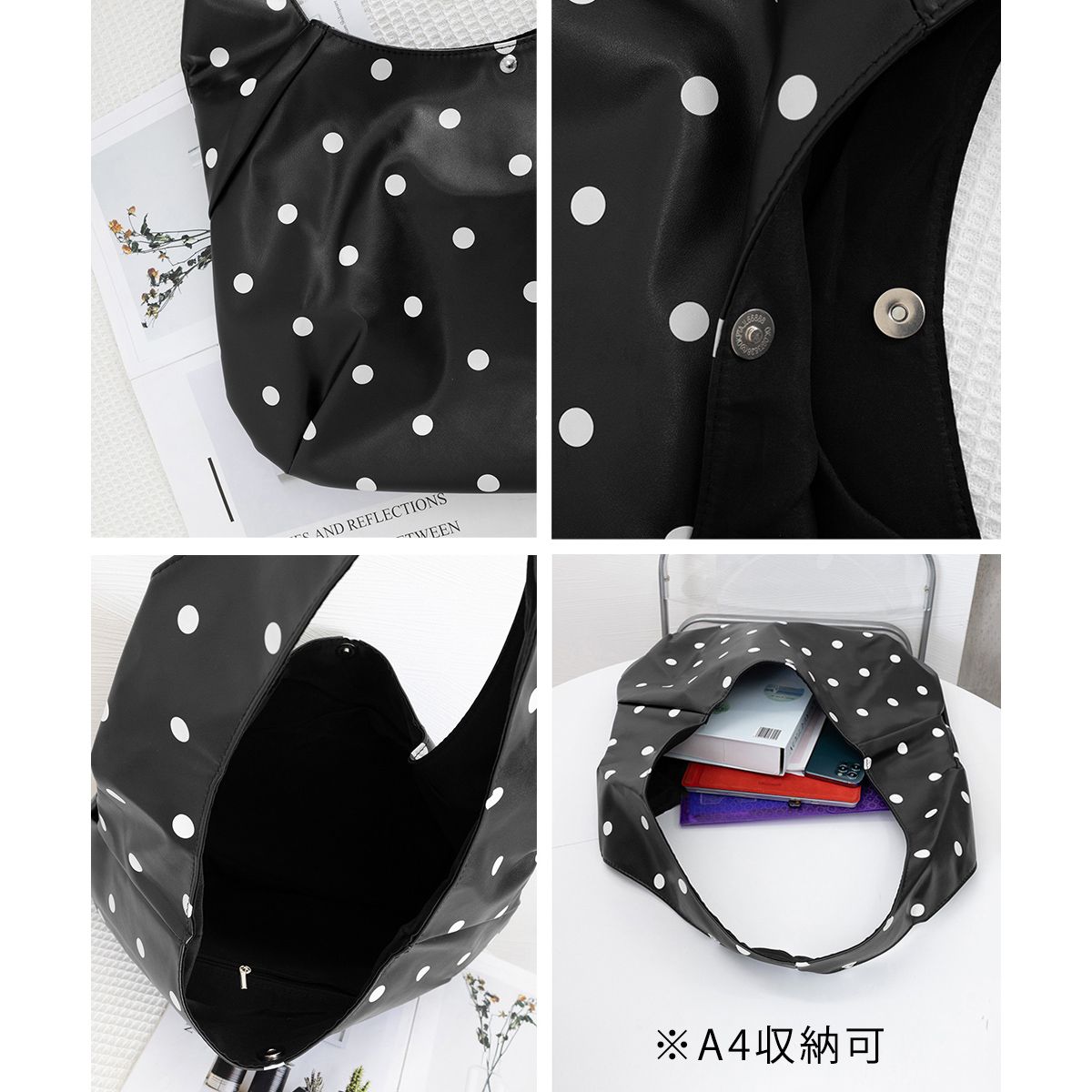 フォーマルカジュアル 参観日に最適 水玉柄ホーボーバッグ 肩掛け鞄