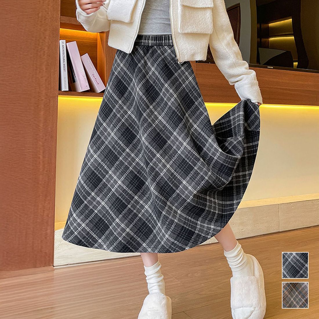 フォーマルカジュアル 通勤用チェック柄フレアスカート美脚ロング丈 春秋冬