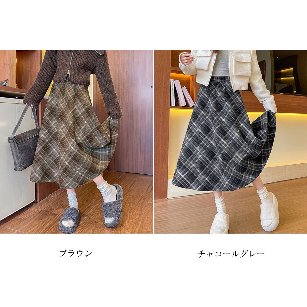 フォーマルカジュアル 通勤用チェック柄フレアスカート美脚ロング丈 春秋冬