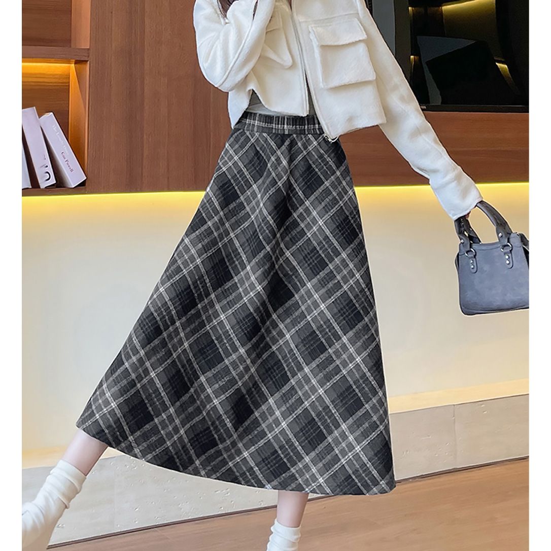 フォーマルカジュアル 通勤用チェック柄フレアスカート美脚ロング丈 春秋冬