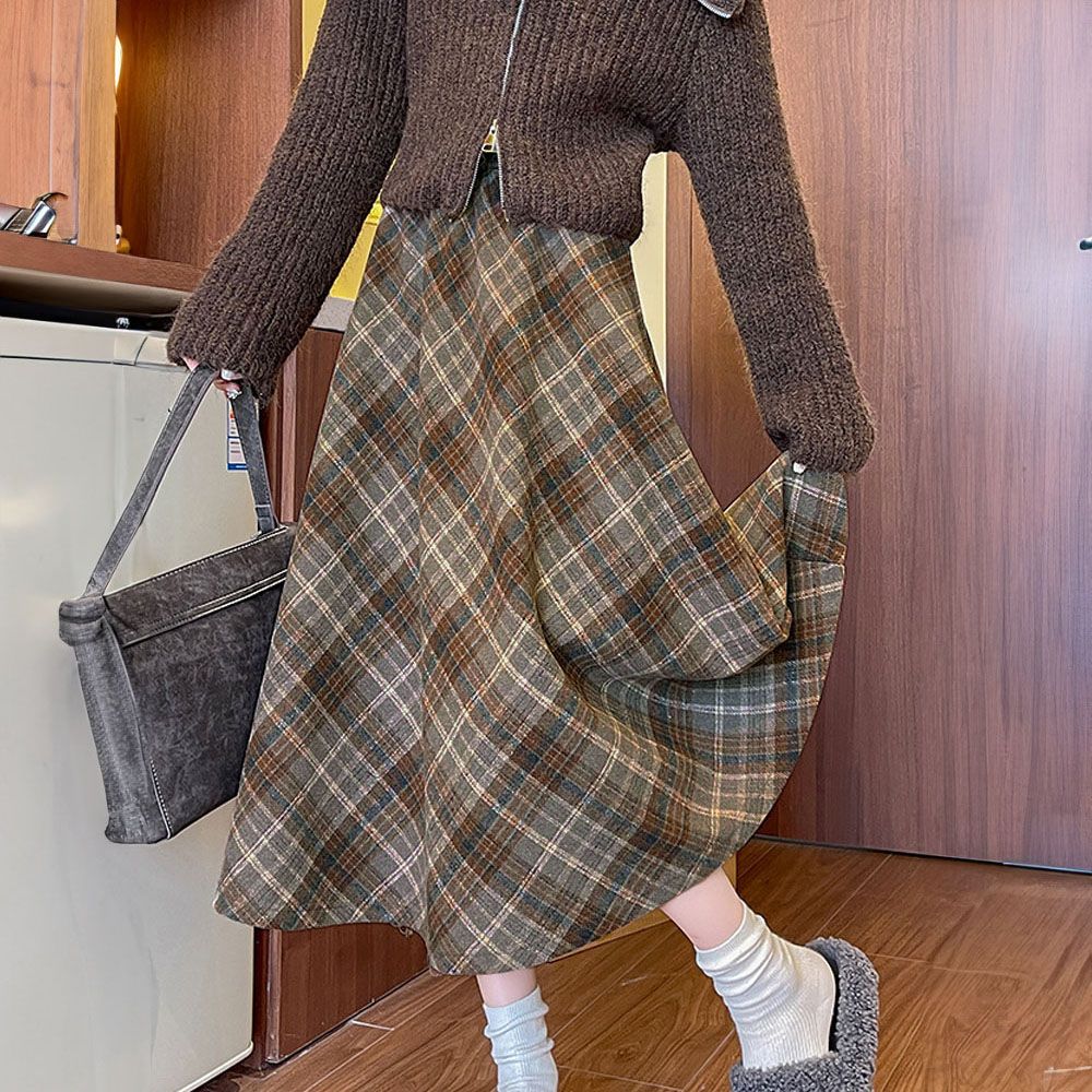 フォーマルカジュアル 通勤用チェック柄フレアスカート美脚ロング丈 春秋冬