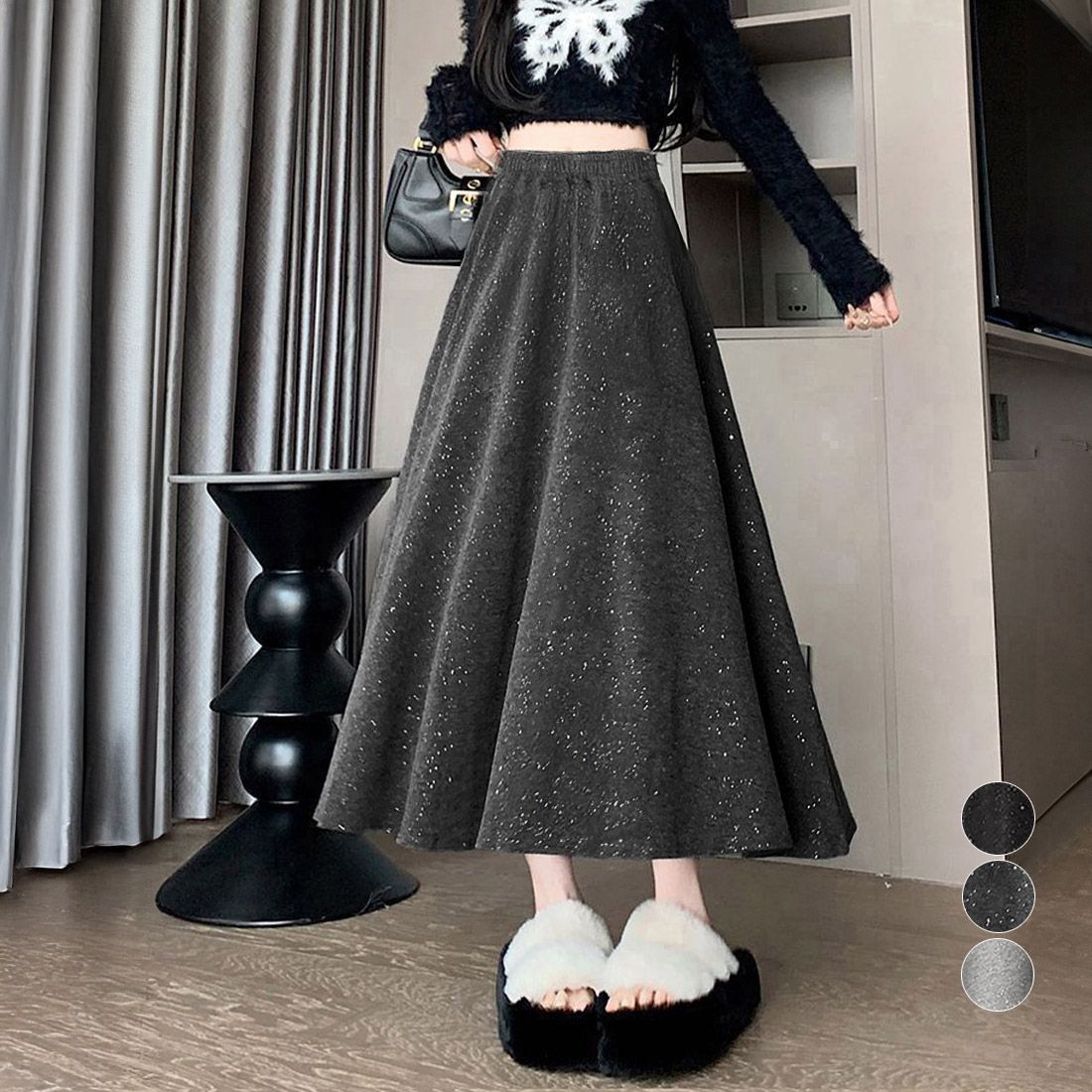 フォーマルカジュアル 参観日対応ラメ入りロングスカート上品煌めき