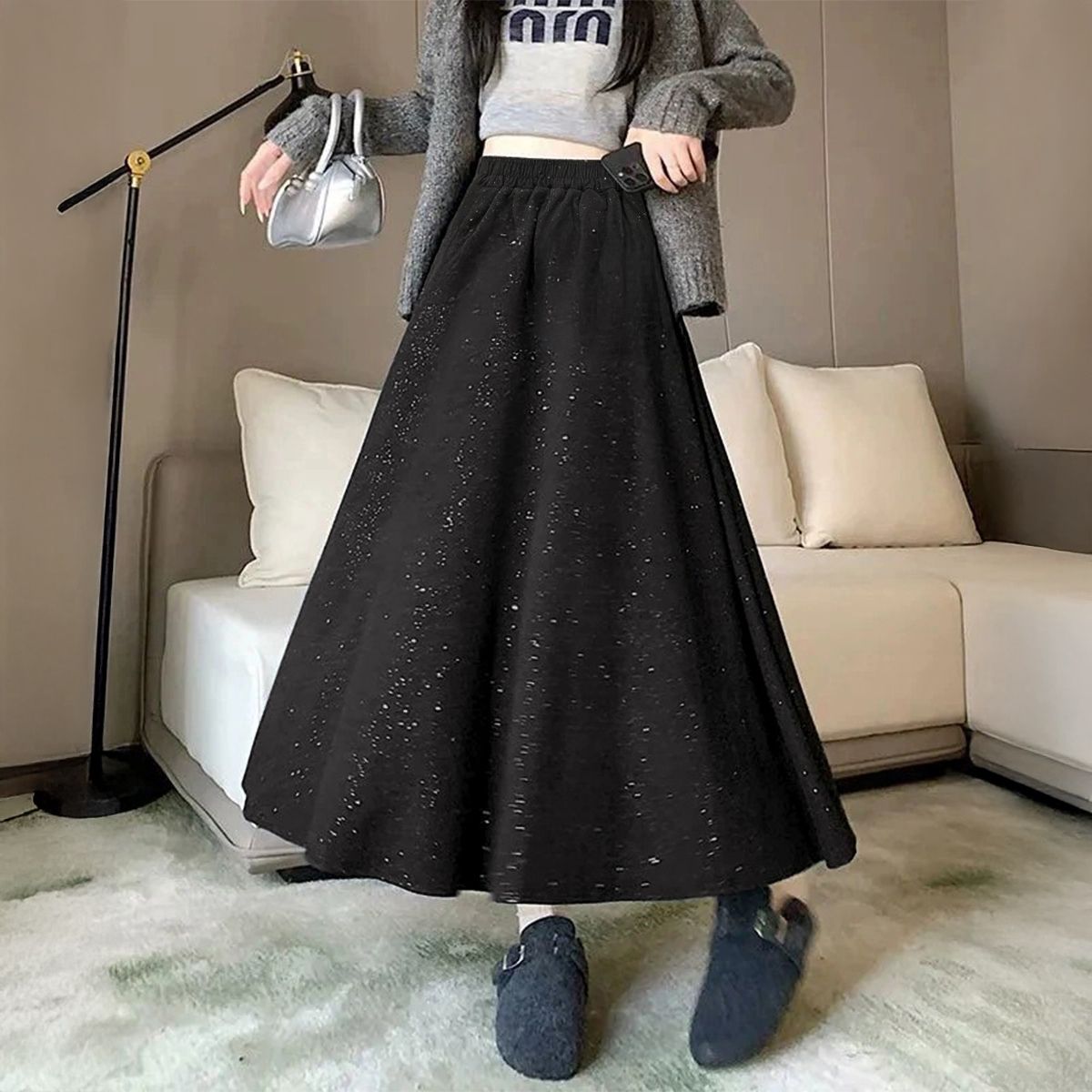 フォーマルカジュアル 参観日対応ラメ入りロングスカート上品煌めき
