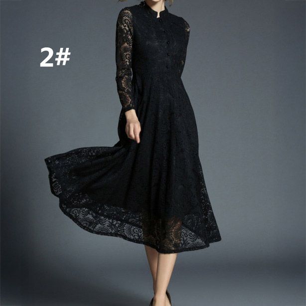 フォーマルカジュアル 謝恩会用総レース長袖ワンピース ミモレ丈結婚式対応