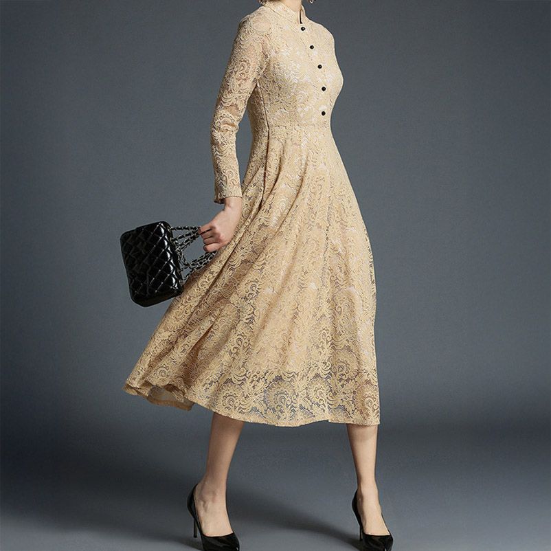 フォーマルカジュアル 謝恩会用総レース長袖ワンピース ミモレ丈結婚式対応