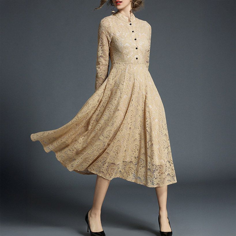 フォーマルカジュアル 謝恩会用総レース長袖ワンピース ミモレ丈結婚式対応