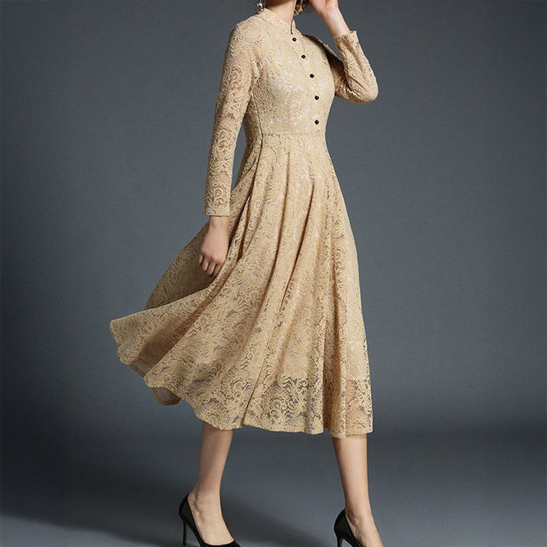 フォーマルカジュアル 謝恩会用総レース長袖ワンピース ミモレ丈結婚式対応