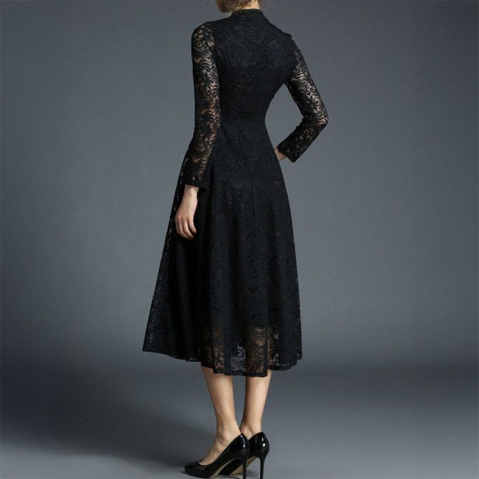 フォーマルカジュアル 謝恩会用総レース長袖ワンピース ミモレ丈結婚式対応