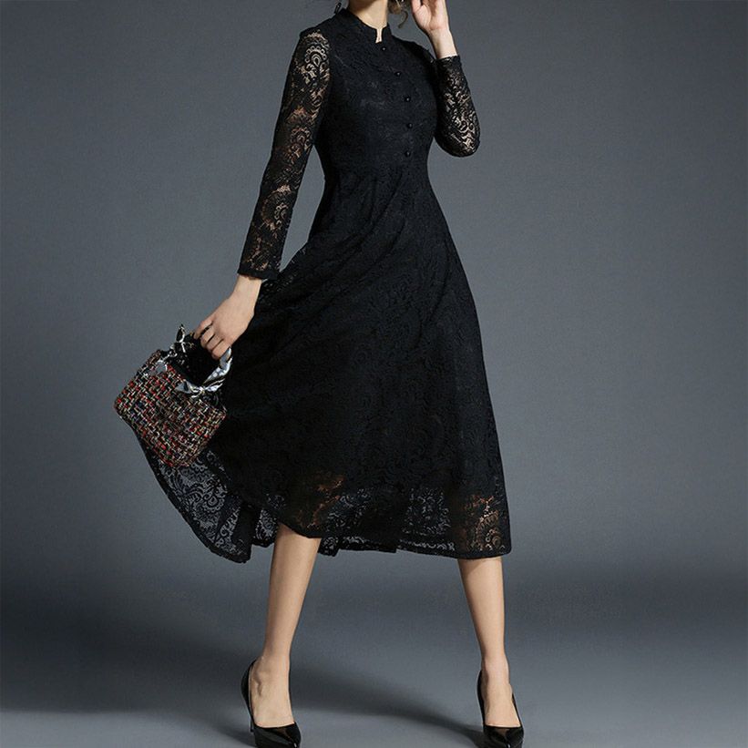 フォーマルカジュアル 謝恩会用総レース長袖ワンピース ミモレ丈結婚式対応