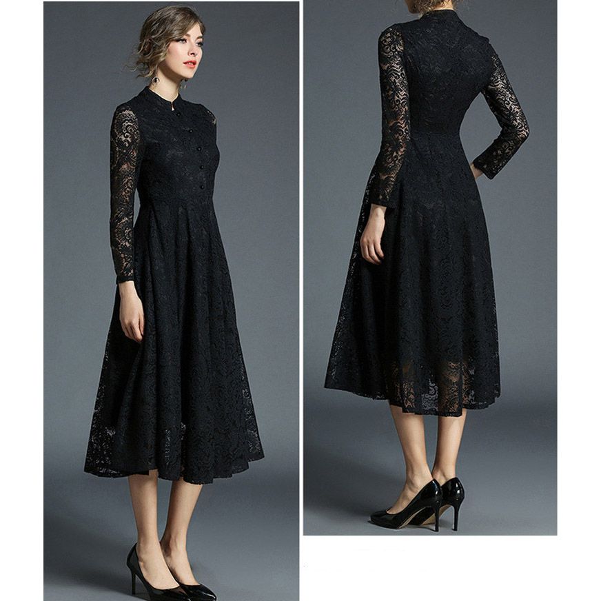 フォーマルカジュアル 謝恩会用総レース長袖ワンピース ミモレ丈結婚式対応