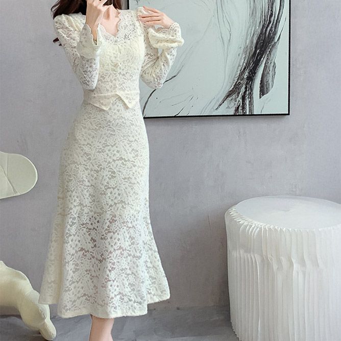 フォーマルカジュアル 謝恩会対応総レース長袖ワンピース ミモレ丈フォーマルドレス