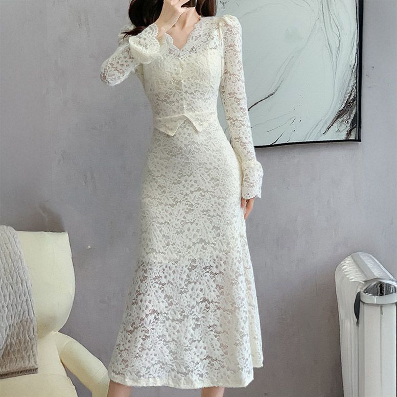 フォーマルカジュアル 謝恩会対応総レース長袖ワンピース ミモレ丈フォーマルドレス
