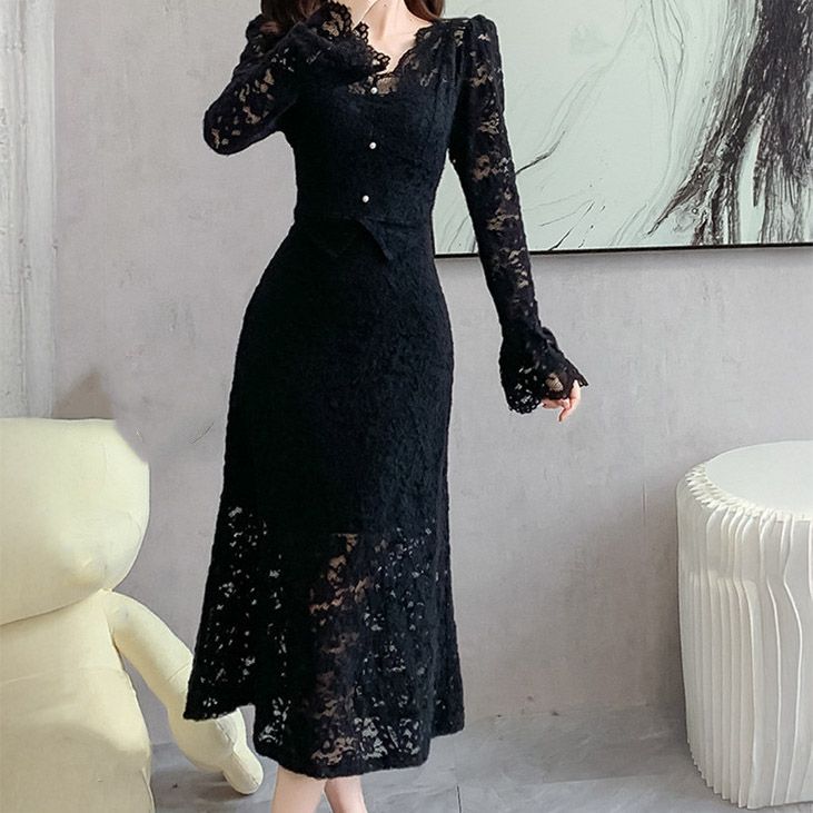 フォーマルカジュアル 謝恩会対応総レース長袖ワンピース ミモレ丈フォーマルドレス