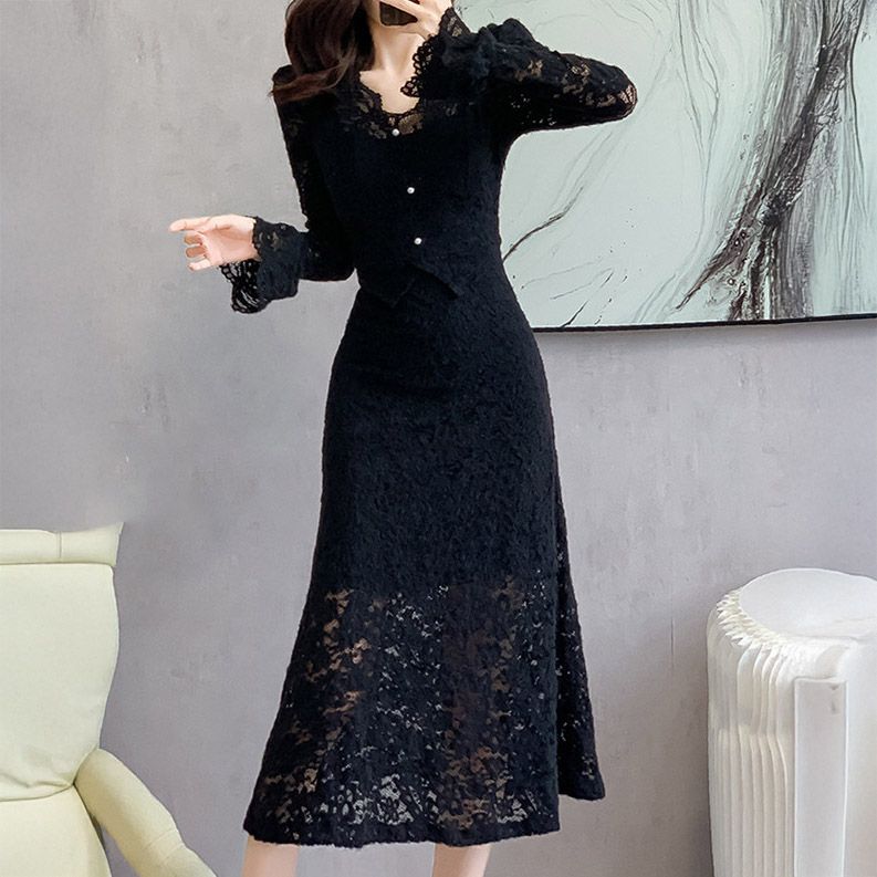 フォーマルカジュアル 謝恩会対応総レース長袖ワンピース ミモレ丈フォーマルドレス