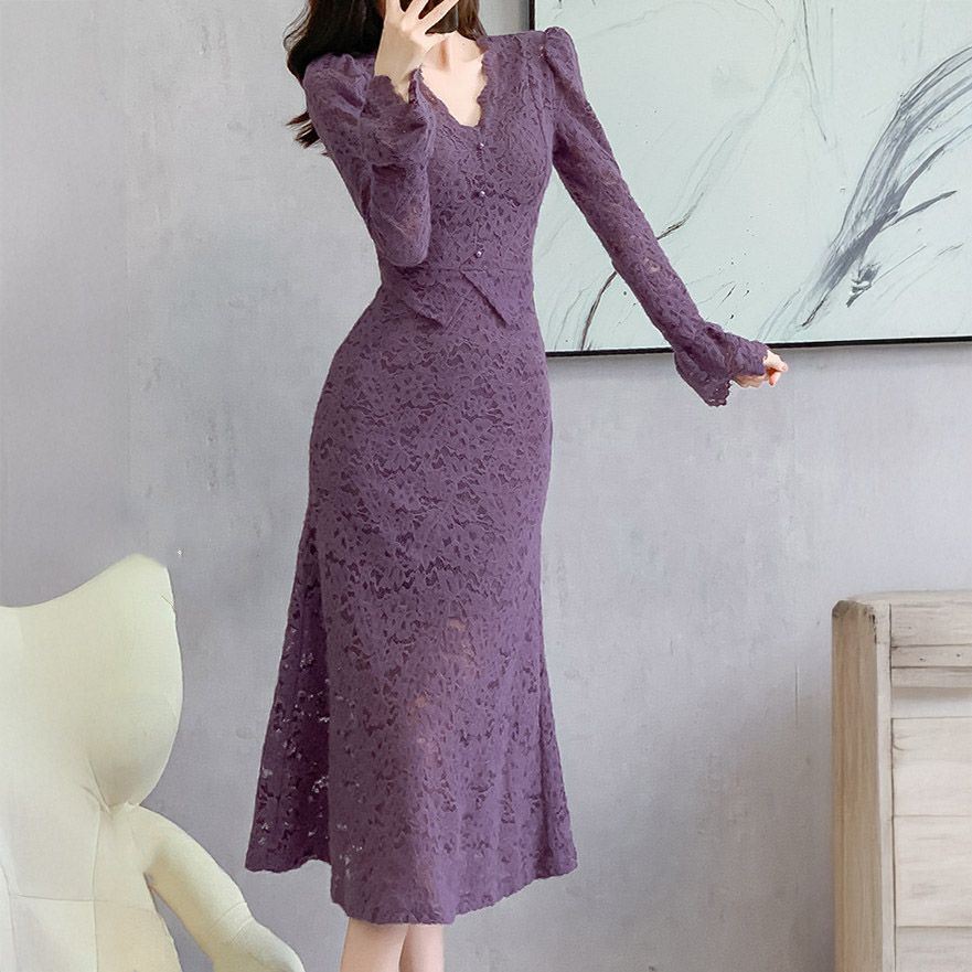 フォーマルカジュアル 謝恩会対応総レース長袖ワンピース ミモレ丈フォーマルドレス