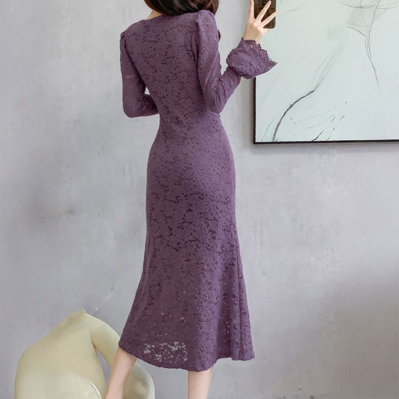 フォーマルカジュアル 謝恩会対応総レース長袖ワンピース ミモレ丈フォーマルドレス