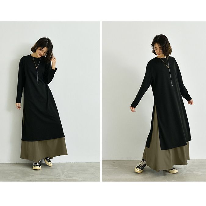 フォーマルカジュアル 参観日対応重ね着風長袖ワンピース上品ロング丈きれいめ