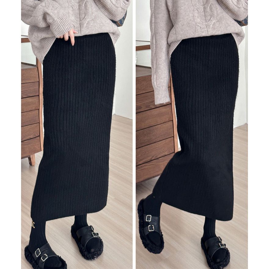 フォーマルカジュアル 参観日対応 リブニットロングスカート きれいめ美脚
