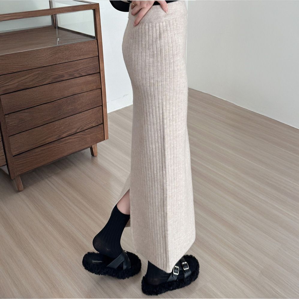 フォーマルカジュアル 参観日対応 リブニットロングスカート きれいめ美脚